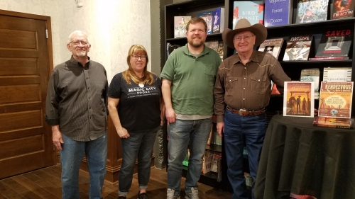 (10/29/23) Joe, his cousin Tom Langston, and the bookstore hosts at Magic City Books in Tulsa, Ok.